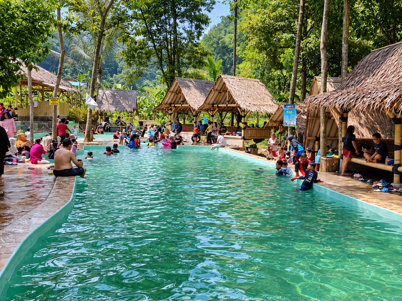 Pengunjung sedang berenang di kolam pemandian alami Wisata Air Telaga Ciburial, Bogor